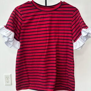 Red and Black Striped Women's Top with Ruffle Sleeves